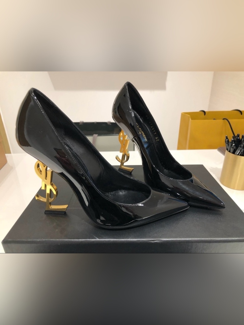 💯 Authentic Saint Laurent Opyum YSL Gold Logo Heel Black Patent Point Toe Pumps